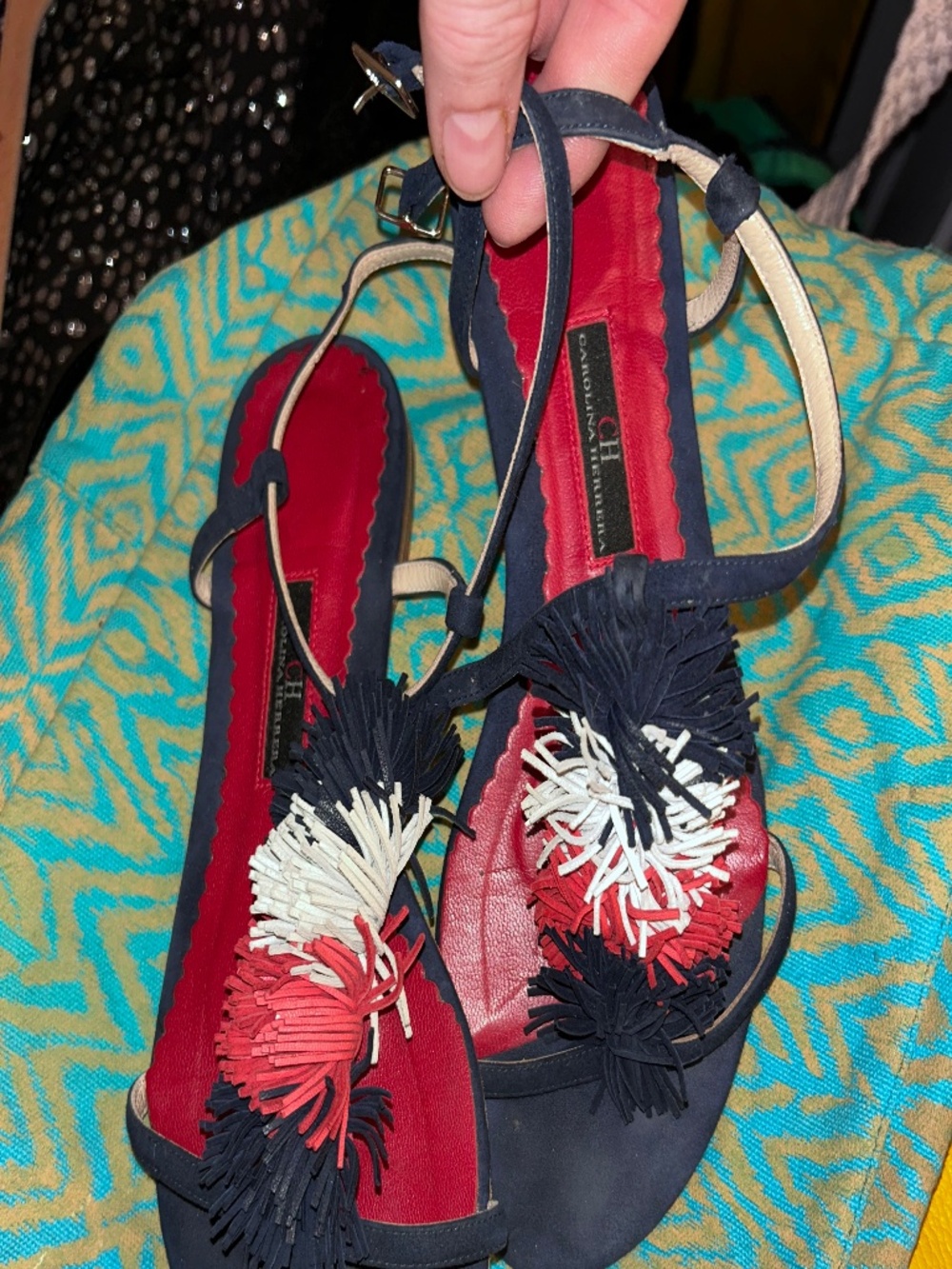 Carolina Herrera red white blue fringe tassels thong sandals 38 8